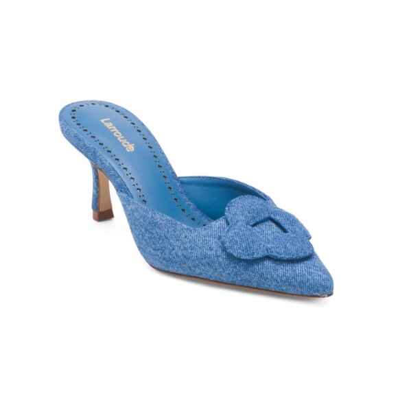 LARROUDE Denim Made In Brazil Leather Flora Kitten Heel Pumps